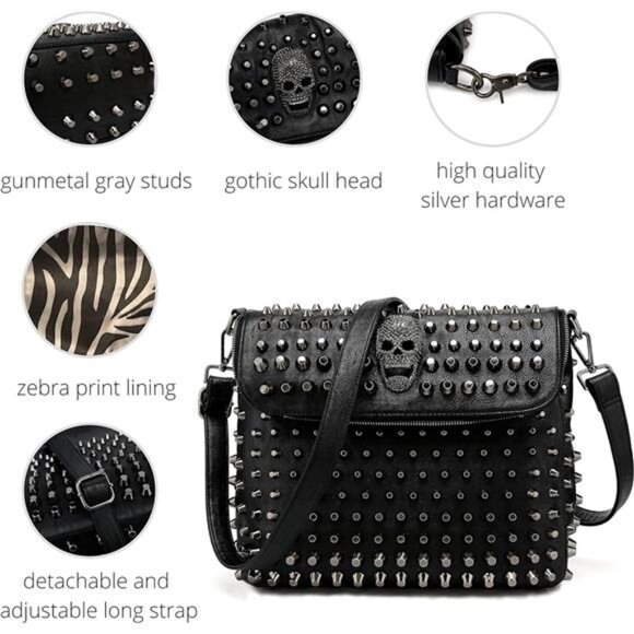 Studded Skull Bag for Women,Vegan Leather Punk Rock Rivet Bag,Shoulder Bag H1417 - Picture 5 of 7